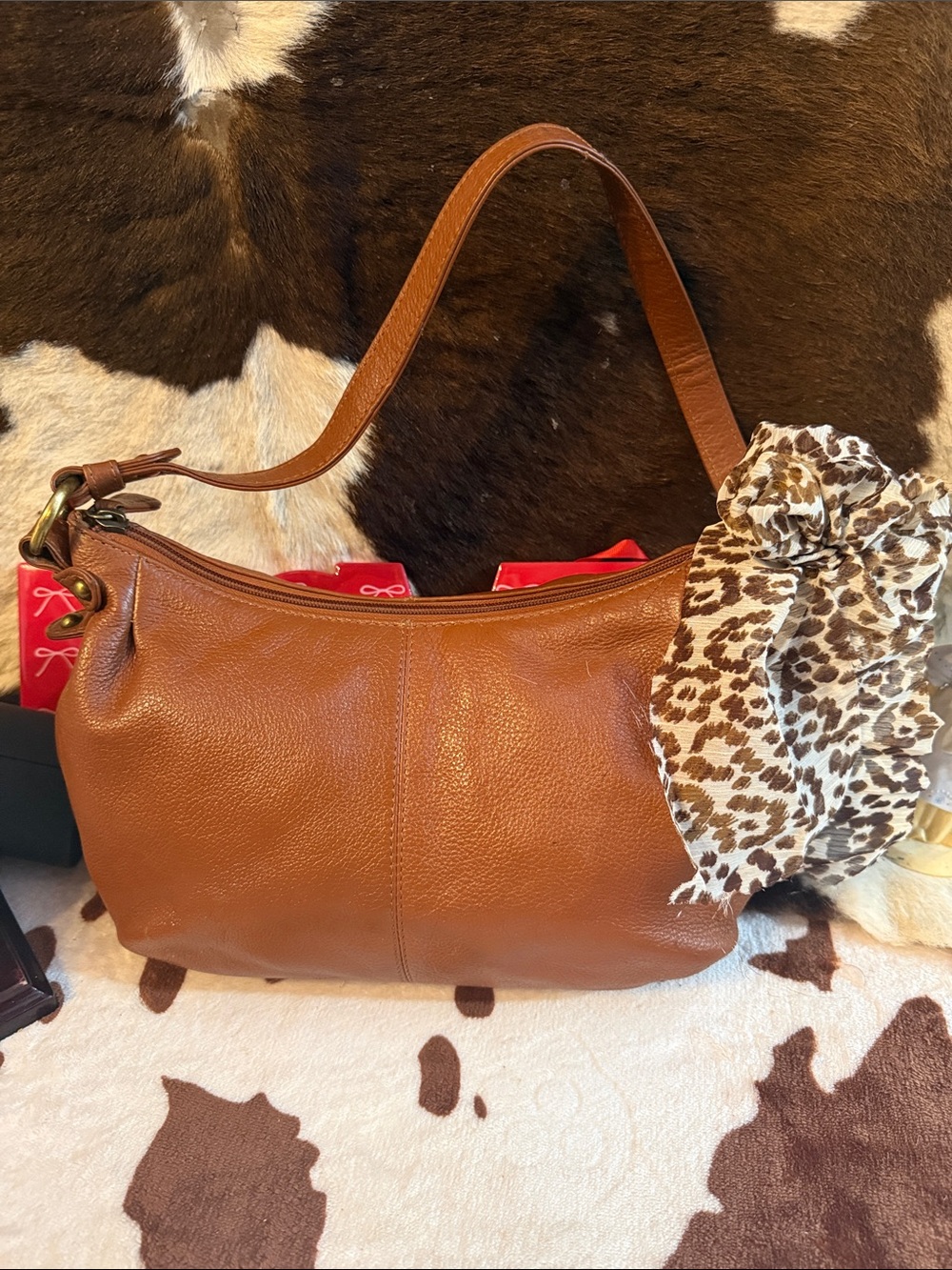 Textured Tan Leather Shoulder Bag with Leopard Scarf Accent